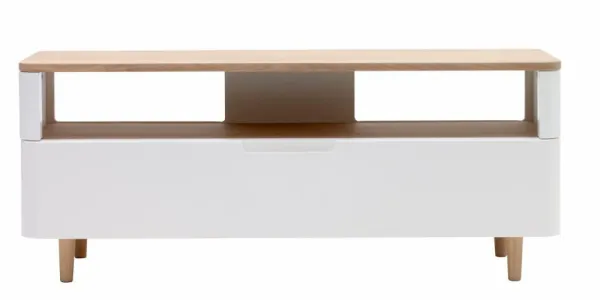 Grandeur TV-bord, m. 1 skuffe - hvid MDF og hvidolieret egefinér/eg (120x40)